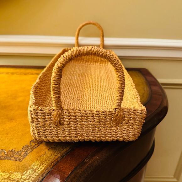 Large Boho Woven Wicker Tan Rectangular Tray Basket with Handles Organize Gift - Picture 5 of 5